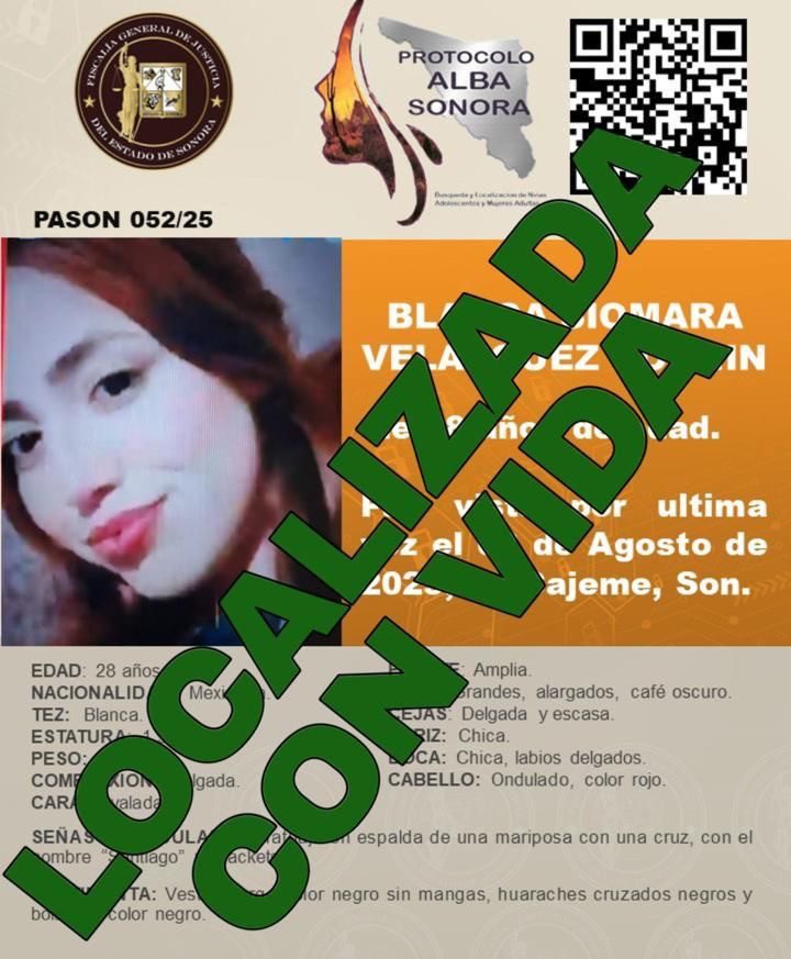 Localizan sana y salva a Blanca Siomara Velazquez Rochín. Se desactiva Protocolo ALBA