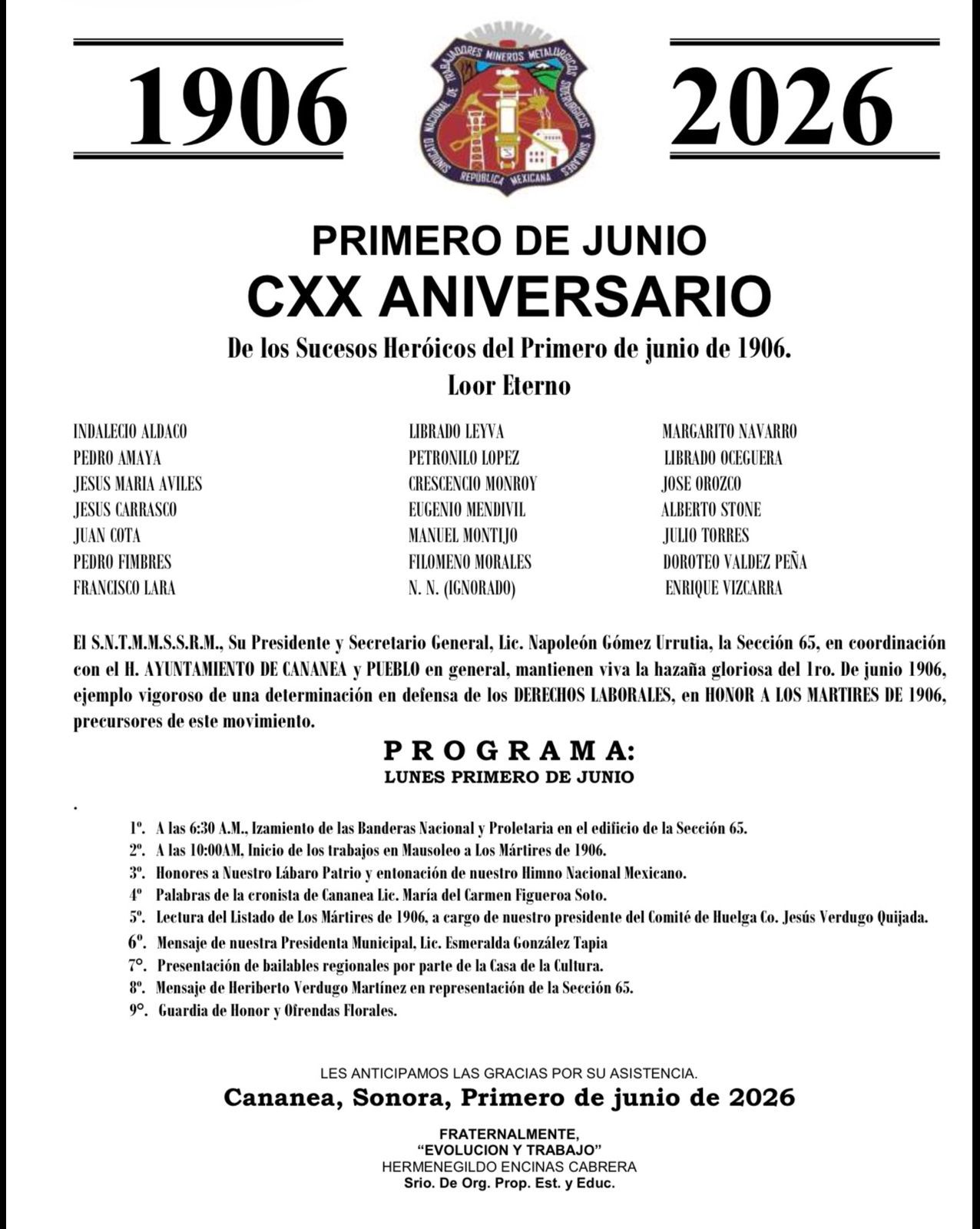 Conmemorará Cananea 120 aniversario de Gesta Heroica de los Mártires de 1906